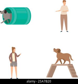 Sammlung von Vektorillustrationen mit verschiedenen Hundetraining-Aktivitäten und Agilitätsübungen. Hundetraining und Agility Vektorset Stock Vektor
