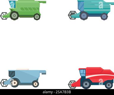 Sammlung von vier farbenfrohen landwirtschaftlichen Mähdreschern, isoliert auf weißem Hintergrund. Satz mit vier landwirtschaftlichen Mähdreschern Stock Vektor