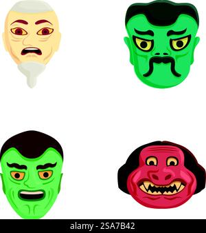 Sammlung von vier farbenfrohen Comic-Monster-Gesichtern, die verschiedene Ausdrücke zeigen. Vier ausdrucksstarke Comic-Monster-Gesichter Stock Vektor