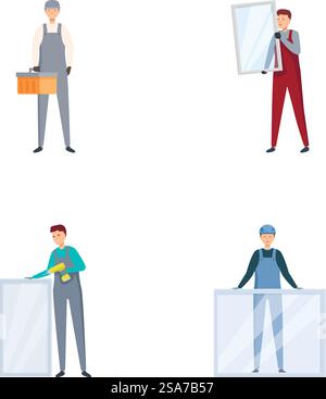 Set aus vier Illustrationen mit verschiedenen Fachleuten, darunter einem Bauarbeiter und einem Geschäftsmann. Vielfältige Sammlung von Profis und Mitarbeitern Stock Vektor