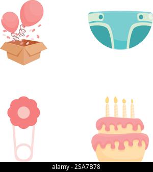 Vektor-Icons Set mit Party Ballon Box, Baby Windel, Blumenstrauß und Geburtstagskuchen. Festspiele setzen Ballons, Windeln, Blumenstrauß, Geburtstagskuchen Stock Vektor