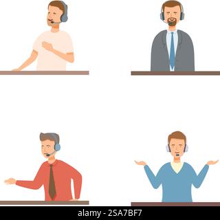 Set aus vier Zeichentrickfiguren, die verschiedene Kundendienstmitarbeiter mit Headsets darstellen. Comicfiguren von Kundendienstmitarbeitern Stock Vektor