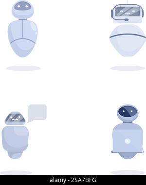 Abbildung von vier freundlichen Roboterfiguren in verschiedenen Posen auf weißem Hintergrund. Set von Zeichentrickrobotern Stock Vektor