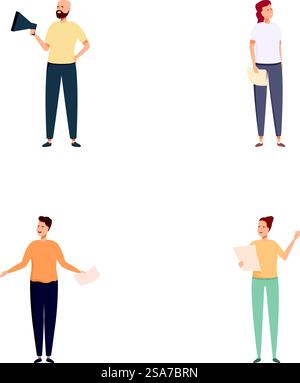 Four isolated character illustrations showing people holding papers and a megaphone. Diverse set of people with papers and megaphone Stock Vektor