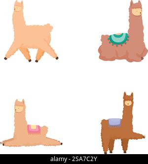 Entzückende Zeichentrick-Lama-Sammlung, lustige, fröhliche und verspielte Tierfiguren in Pastellfarben Vektorillustrationen und Clipart für Kinder&rsquo;s Bücher und Grafikdesign Projekte. Set aus vier niedlichen Comic-Lamas in verschiedenen Posen und mit bunten Accessoires Stock Vektor