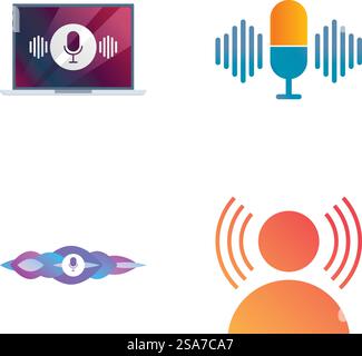 Sammlung farbenfroher Symbole für Podcasting- und Audio-Streaming-Dienste. Symbole für Podcast und Audio-Streaming Stock Vektor