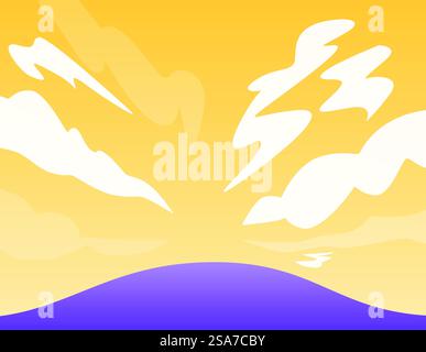 Minimalistische Landschaftsillustration mit einem lila Hügel und einem gelben Himmel mit stilisierten Wolken bei Sonnenuntergang. Der violette Hügel steht bei Sonnenuntergang vor dem gelben Himmel Stock Vektor