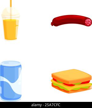Vektor-Illustration Set mit Fast-Food-Artikeln, Orangensaft, Wurst, Limonade und Sandwich. Verschiedene Fast-Food-Symbole Stock Vektor
