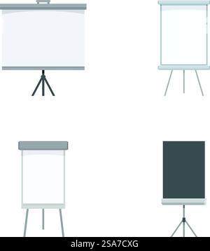 Set mit vier verschiedenen leeren Präsentationstafeln auf Stativen, bereit für individuelle Anpassungen. Verschiedene leere Präsentationstafeln und Banner Stock Vektor