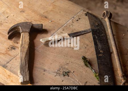 Werkzeuge auf Rohholztisch Stockfoto