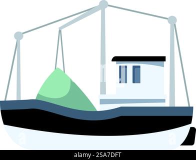 Ein Fischerboot zieht nach einem langen Angeltag ein Netz voller Fische aus dem Wasser. Fischerboot zieht Netz voller Fische aus dem Ozean Stock Vektor