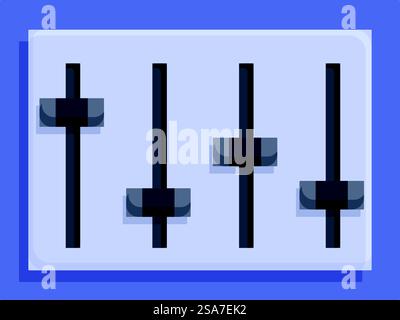Die blaue Audio-Mischkonsole passt die Lautstärke mit vier schwarzen Schiebereglern an. Audio-Mischkonsole zum Einstellen der Lautstärke Stock Vektor
