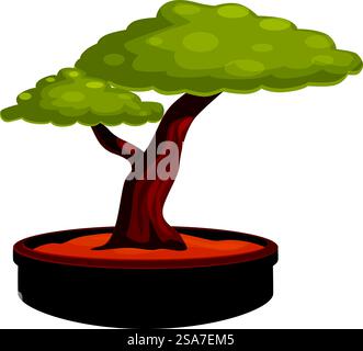 Kleiner Bonsaibaum mit einem dicken, gekrümmten Stamm, der in einem Tontopf wächst. Kleiner Bonsaibaum, der in einem Tontopf wächst Stock Vektor