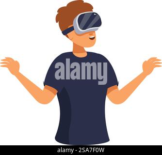 Ein junger Mann erlebt mit einem vr-Headset eine Welt der virtuellen Realität. Junger Mann, der die virtuelle Realität mit dem vr-Headset erforscht Stock Vektor