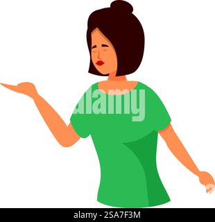 Die junge Frau hält ihre Hand flach aus, als würde sie jemandem etwas präsentieren. Eine junge Frau zeigt etwas mit leerer offener Hand Stock Vektor