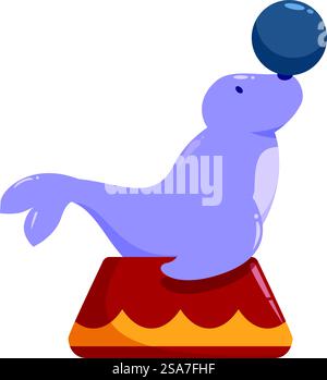 Trainierte Robben, die einen Ball auf der Nase balancieren, während sie auf einer Zirkusbühne auftreten. Zirkussiegel Balancierball auf der Nase während des Auftritts auf der Bühne Stock Vektor