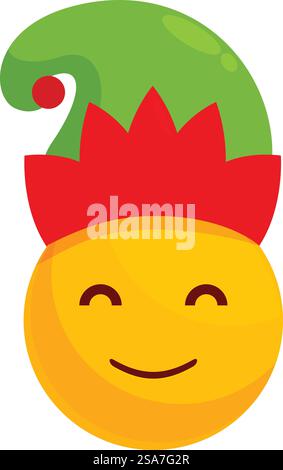 Niedliches gelbes weihnachts-Emoji mit grünem und rotem Elfenhut, perfekt für Projekte mit Weihnachtsmotiven. Süßes weihnachts-Emoji mit grünem und rotem Elfenhut Stock Vektor