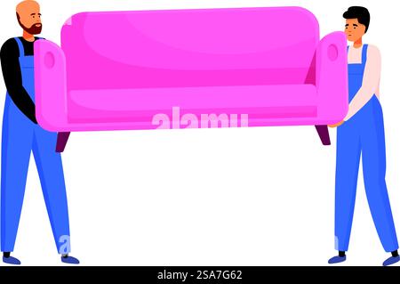 Zwei Umzugswagen mit rosa Sofa, Lieferservice und Umzugskonzept. Zwei Wagen mit Sofa, Lieferservice-Konzept Stock Vektor