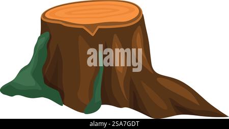 Cartoon-Illustration eines Baumstumpfes mit sichtbaren Ringen und Moos, das darauf wächst. Baumstumpf bedeckt mit Moos zeigt seine Ringe Stock Vektor
