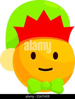 Weihnachts-Elfen-Emoji mit grünem Hut und lächelnder Fliege. Weihnachts-Elfen-Emoji tragen grünen Hut und lächelnde Fliege Stock Vektor