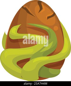 Fantasy-Illustration eines großen braunen Dracheneis, das von grüner Magie verzaubert wird, isoliert auf weißem Hintergrund. Grüne Magie verzaubert ein großes braunes Drachenei Stock Vektor