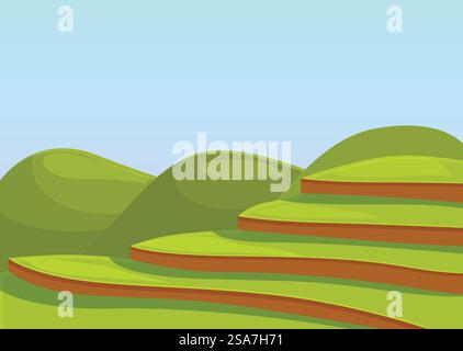 Cartoon-Landschaft mit bewirtschafteten Bauernhöfen, die Stufen auf sanften Hügeln bilden. Grüne Reisterrassen bilden Stufen über blauem Himmel Hintergrund Stock Vektor