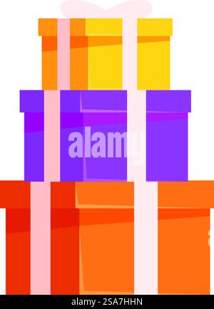 Ein Stapel farbenfroher Geschenkboxen mit Bändern, perfekt für Geburtstage, Feiertage oder besondere Anlässe. Ein Stapel farbenfroher Geschenkboxen, die mit Bändern gebunden sind, zum Geburtstag oder weihnachten Stock Vektor