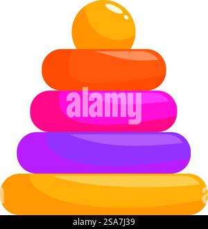 Buntes Plastikspielzeug mit Ringen in verschiedenen Größen und einem Ball oben. Farbenfrohes Stapelspielzeug aus Kunststoff für die Entwicklung und den Spaß Ihres Kindes Stock Vektor