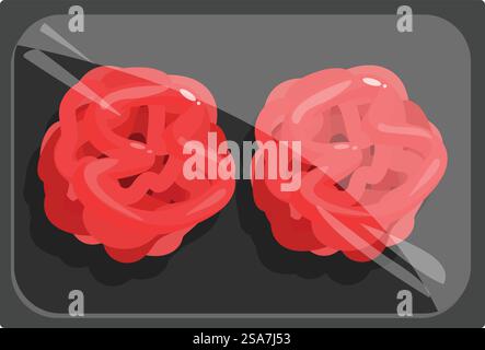 Frisches rohes Hackfleischkotelett auf schwarzem Kunststofftablett, Lebensmittelverpackung Stock Vektor