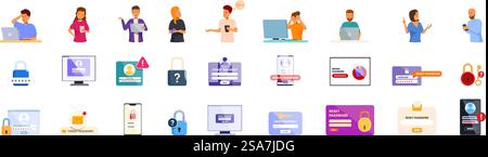 Symbole für vergessene Kennwörter gesetzt. Menschen verwenden Laptops und Smartphones, melden sich bei Konten an und setzen Passwörter zurück. Symbole für vergessene Kennwörter gesetzt. Benutzer, die Online-Sicherheit nutzen und Passwörter zurücksetzen Stock Vektor