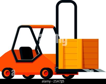 Illustration eines orangen Gabelstaplers mit einer großen Holzkiste. Der orangefarbene Gabelstapler trägt eine große Holzkiste auf weißem Hintergrund Stock Vektor