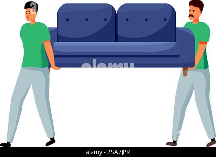 Zwei Spieler tragen sorgfältig ein großes Sofa und demonstrieren Teamwork und Kraft während eines Wohnzugs. Zwei Umzugspersonen mit Sofa, Umzugspersonal Stock Vektor