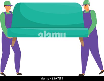 Zwei Uniformen tragen ein Sofa, Lieferservice-Konzept. Zwei Umzugswagen mit Sofa, Illustration des Umzugsservice Stock Vektor