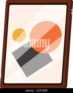 Stilvoller hölzerner Bilderrahmen mit abstrakter geometrischer Malerei, der dem Raum einen Hauch moderner Kunst verleiht. Hölzerner Bilderrahmen mit abstrakter geometrischer Malerei, die an weißer Wand hängt Stock Vektor