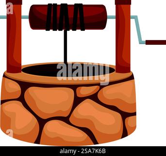 Zeichentrickillustration eines Wunschgutes aus Steinen mit einem Holzeimer. Ein alter Steinbrunnen mit einem Holzeimer, der an einem Seil hängt Stock Vektor