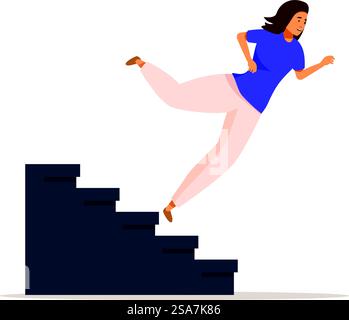 Die junge Frau fällt nach dem Stolpern die Treppe runter. Die junge Frau stolpert über die Treppe und fällt runter Stock Vektor