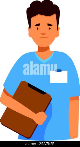 Männliche Krankenschwester, die ein Klemmbrett hält, ist bereit, Patienten in einem modernen Krankenhaus zu besuchen Stock Vektor