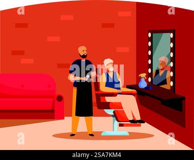 Der Friseur steht neben einem Senior-Gast im Friseurstuhl und lässt sich im Friseursalon Haare schneiden. Der Friseur steht neben einem Senior-Gast im Friseurstuhl und lässt sich die Haare schneiden Stock Vektor