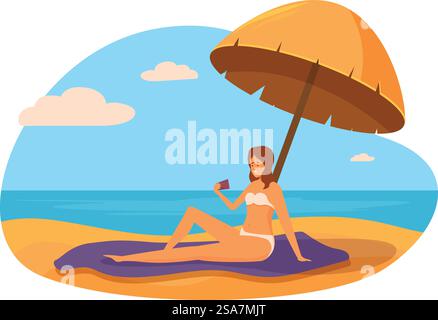 Die junge Frau genießt ihren Urlaub und entspannt sich am Strand unter einem Sonnenschirm. Junge Frau trinkt Cocktail unter Sonnenschirm im Urlaub Stock Vektor