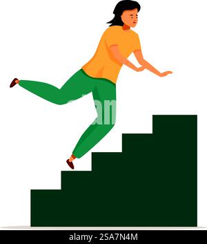 Die junge Frau fällt die Treppe runter, sie versucht, ihr Gleichgewicht zu halten, indem sie sich ausstreckt. Junge Frau, die auf Treppen ausrutscht und versucht, das Gleichgewicht zu halten Stock Vektor