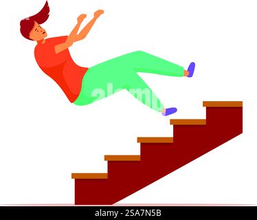 Die junge Frau fällt die Treppe runter und versucht, Verletzungen zu vermeiden. Junge Frau, die die Treppe herunterfällt Stock Vektor