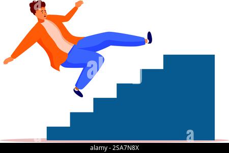 Der junge Mann fällt eine Treppe runter, er hat Angst und versucht, sich festzuhalten. Junger Mann rutscht aus und fällt die Treppe runter Stock Vektor
