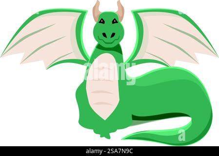 Grüner lächelnder Drache, der seine Flügel spreizt. Freundlicher Zeichentrickdrache, der seine Flügel spreizt Stock Vektor
