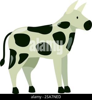 Cartoon-Kuh steht still mit schwarzen Flecken. Weiße und schwarz gepunktete Kuh, stehend, Seitenansicht Stock Vektor