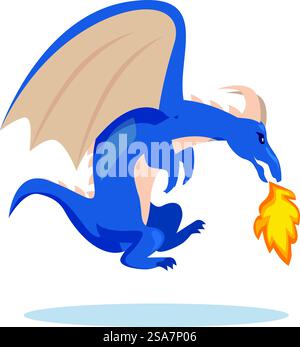 Blauer Drache atmet Feuer, während er durch die Luft fliegt. Blauer Drache atmet Feuer, während er durch die Luft fliegt Stock Vektor