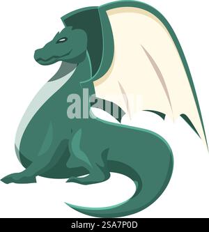 Grüner Fantasy-Drache sitzt und zeigt seine Flügel. Grüner Fantasy-Drache, der seine Flügel zeigt Stock Vektor