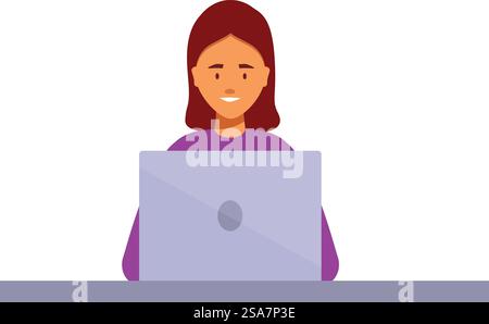 Die junge Frau sitzt an einem Schreibtisch und arbeitet an ihrem Laptop, möglicherweise von zu Hause oder im Büro. Lächelnde Frau, die am Laptop am Schreibtisch arbeitet Stock Vektor
