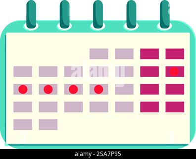 Der blaue Kalender ist geöffnet und zeigt wichtige Termine und Termine mit roten Kreisen an. Blauer Kalender mit wichtigen Daten und Terminen Stock Vektor