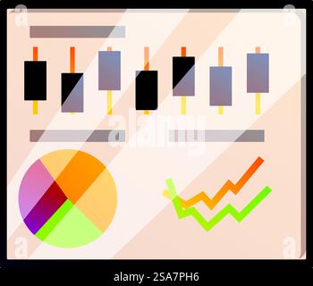 Das Geschäftsdiagramm zeigt Marktdatenanalysen mit einem Kerzendiagramm, einem Tortendiagramm und einem Liniendiagramm an. Geschäftsdiagramm mit Marktdatenanalysen mit Kerzendiagramm, Tortendiagramm und Liniendiagramm Stock Vektor