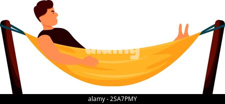 Der Mann liegt in einer Hängematte und genießt das Sommerwetter. Mann, der sich in der Hängematte entspannt und den Sommerurlaub genießt Stock Vektor